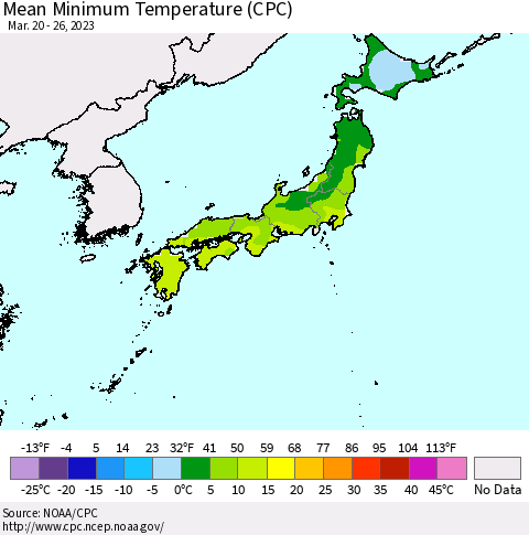 Japan Mean Minimum Temperature (CPC) Thematic Map For 3/20/2023 - 3/26/2023