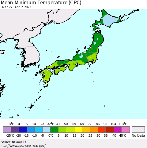 Japan Mean Minimum Temperature (CPC) Thematic Map For 3/27/2023 - 4/2/2023