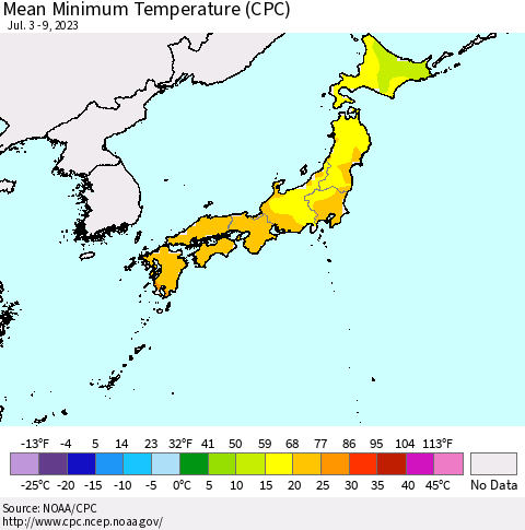 Japan Mean Minimum Temperature (CPC) Thematic Map For 7/3/2023 - 7/9/2023