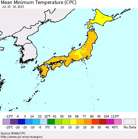 Japan Mean Minimum Temperature (CPC) Thematic Map For 7/10/2023 - 7/16/2023