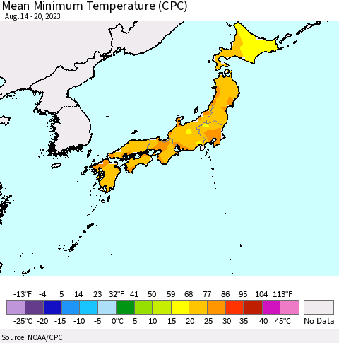 Japan Mean Minimum Temperature (CPC) Thematic Map For 8/14/2023 - 8/20/2023