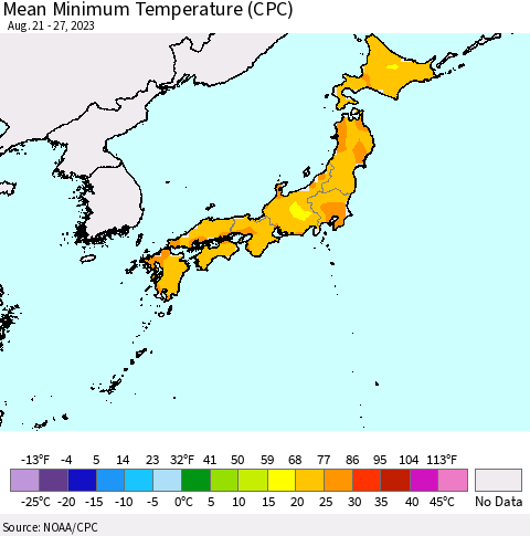 Japan Mean Minimum Temperature (CPC) Thematic Map For 8/21/2023 - 8/27/2023
