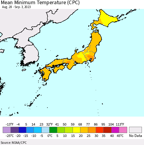 Japan Mean Minimum Temperature (CPC) Thematic Map For 8/28/2023 - 9/3/2023
