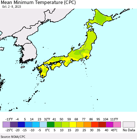 Japan Mean Minimum Temperature (CPC) Thematic Map For 10/2/2023 - 10/8/2023