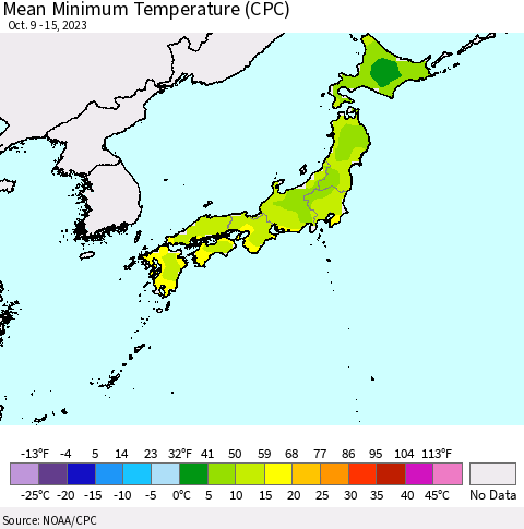Japan Mean Minimum Temperature (CPC) Thematic Map For 10/9/2023 - 10/15/2023
