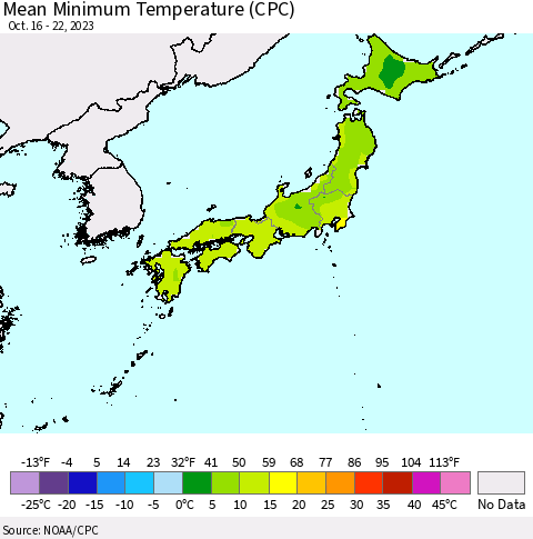 Japan Mean Minimum Temperature (CPC) Thematic Map For 10/16/2023 - 10/22/2023