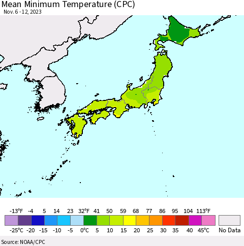 Japan Mean Minimum Temperature (CPC) Thematic Map For 11/6/2023 - 11/12/2023