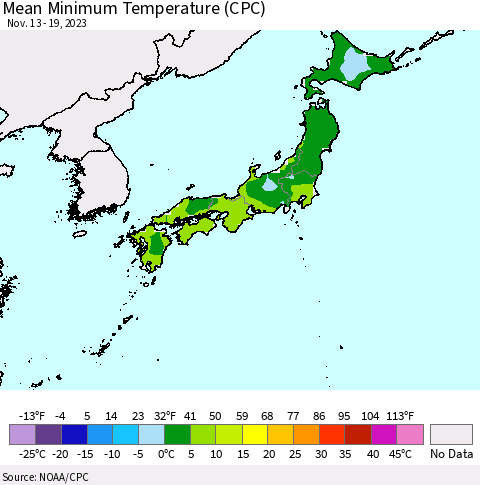 Japan Mean Minimum Temperature (CPC) Thematic Map For 11/13/2023 - 11/19/2023