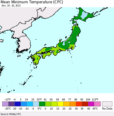 Japan Mean Minimum Temperature (CPC) Thematic Map For 11/20/2023 - 11/26/2023