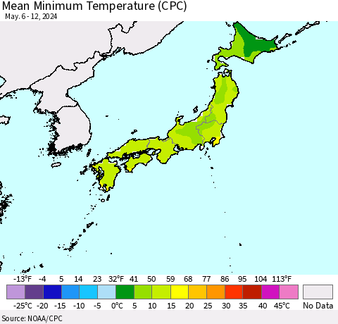 Japan Mean Minimum Temperature (CPC) Thematic Map For 5/6/2024 - 5/12/2024