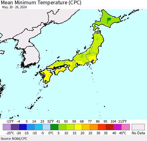 Japan Mean Minimum Temperature (CPC) Thematic Map For 5/20/2024 - 5/26/2024