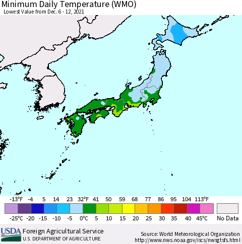 Japan Minimum Daily Temperature (WMO) Thematic Map For 12/6/2021 - 12/12/2021