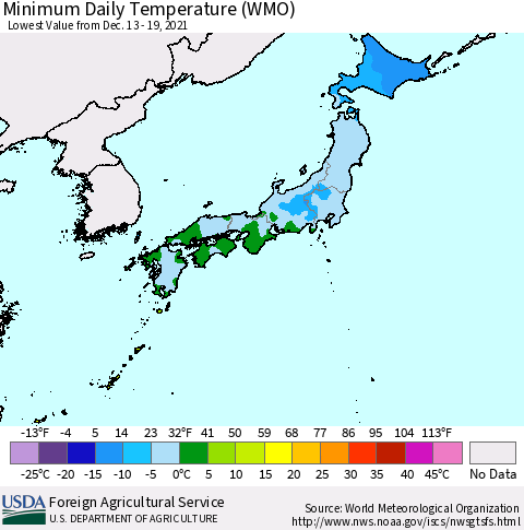 Japan Minimum Daily Temperature (WMO) Thematic Map For 12/13/2021 - 12/19/2021