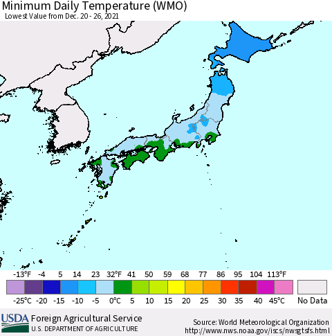 Japan Minimum Daily Temperature (WMO) Thematic Map For 12/20/2021 - 12/26/2021