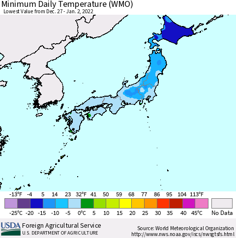 Japan Minimum Daily Temperature (WMO) Thematic Map For 12/27/2021 - 1/2/2022