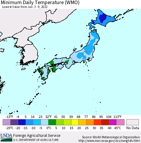 Japan Minimum Daily Temperature (WMO) Thematic Map For 1/3/2022 - 1/9/2022