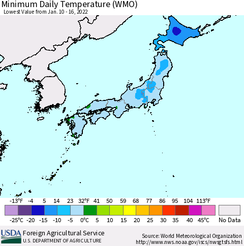 Japan Minimum Daily Temperature (WMO) Thematic Map For 1/10/2022 - 1/16/2022