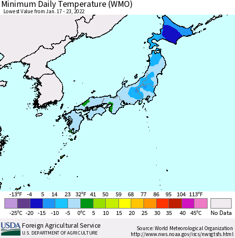 Japan Minimum Daily Temperature (WMO) Thematic Map For 1/17/2022 - 1/23/2022