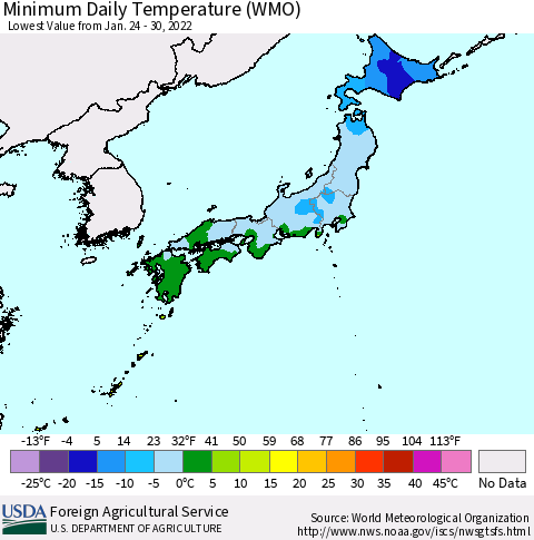 Japan Minimum Daily Temperature (WMO) Thematic Map For 1/24/2022 - 1/30/2022