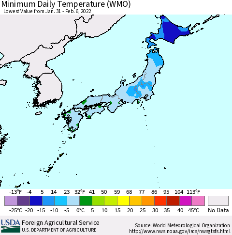 Japan Minimum Daily Temperature (WMO) Thematic Map For 1/31/2022 - 2/6/2022