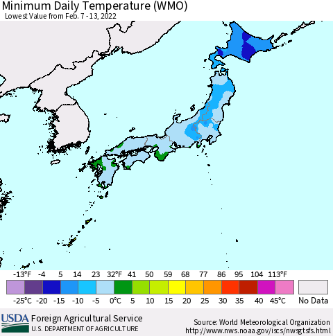 Japan Minimum Daily Temperature (WMO) Thematic Map For 2/7/2022 - 2/13/2022