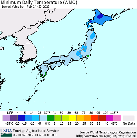 Japan Minimum Daily Temperature (WMO) Thematic Map For 2/14/2022 - 2/20/2022