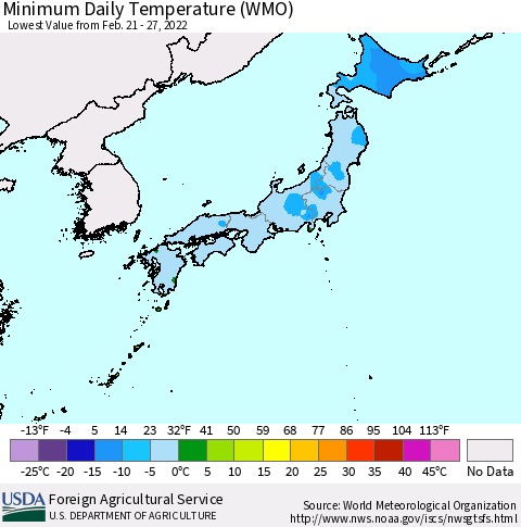 Japan Minimum Daily Temperature (WMO) Thematic Map For 2/21/2022 - 2/27/2022