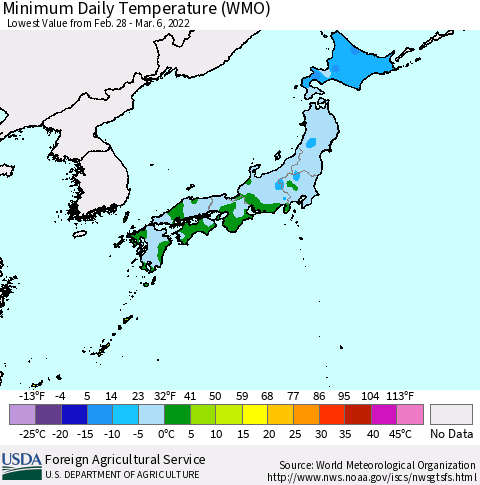 Japan Minimum Daily Temperature (WMO) Thematic Map For 2/28/2022 - 3/6/2022