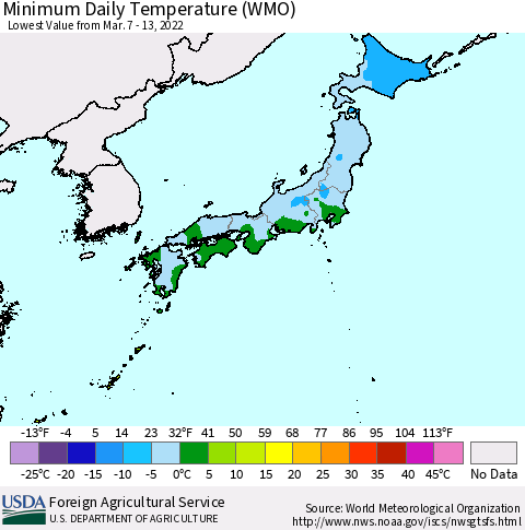 Japan Minimum Daily Temperature (WMO) Thematic Map For 3/7/2022 - 3/13/2022