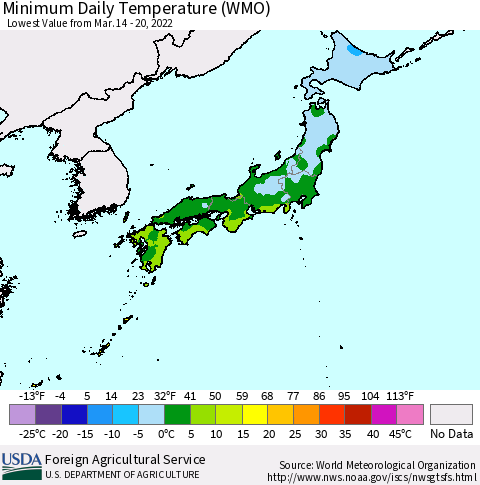 Japan Minimum Daily Temperature (WMO) Thematic Map For 3/14/2022 - 3/20/2022