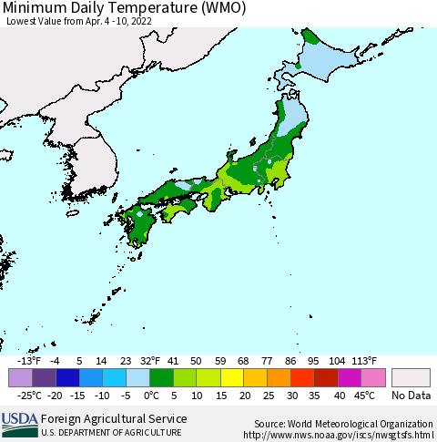 Japan Minimum Daily Temperature (WMO) Thematic Map For 4/4/2022 - 4/10/2022