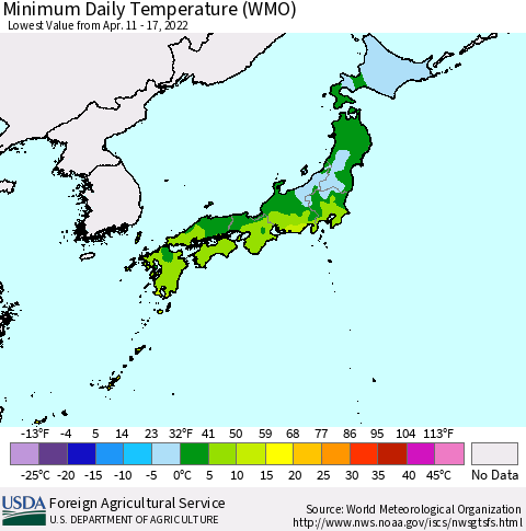 Japan Minimum Daily Temperature (WMO) Thematic Map For 4/11/2022 - 4/17/2022