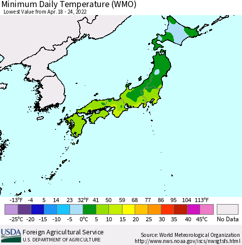 Japan Minimum Daily Temperature (WMO) Thematic Map For 4/18/2022 - 4/24/2022