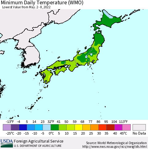 Japan Minimum Daily Temperature (WMO) Thematic Map For 5/2/2022 - 5/8/2022