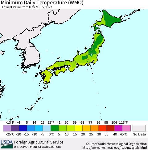 Japan Minimum Daily Temperature (WMO) Thematic Map For 5/9/2022 - 5/15/2022
