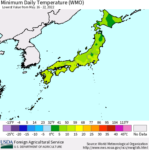 Japan Minimum Daily Temperature (WMO) Thematic Map For 5/16/2022 - 5/22/2022