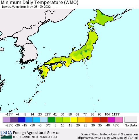 Japan Minimum Daily Temperature (WMO) Thematic Map For 5/23/2022 - 5/29/2022