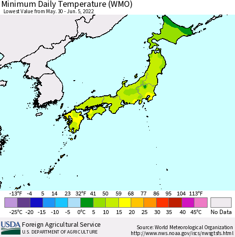 Japan Minimum Daily Temperature (WMO) Thematic Map For 5/30/2022 - 6/5/2022
