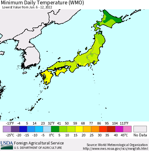 Japan Minimum Daily Temperature (WMO) Thematic Map For 6/6/2022 - 6/12/2022