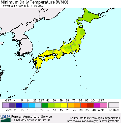 Japan Minimum Daily Temperature (WMO) Thematic Map For 6/13/2022 - 6/19/2022