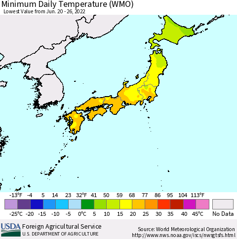 Japan Minimum Daily Temperature (WMO) Thematic Map For 6/20/2022 - 6/26/2022