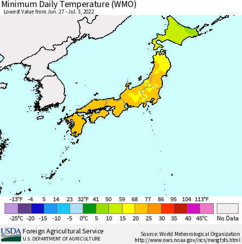 Japan Minimum Daily Temperature (WMO) Thematic Map For 6/27/2022 - 7/3/2022