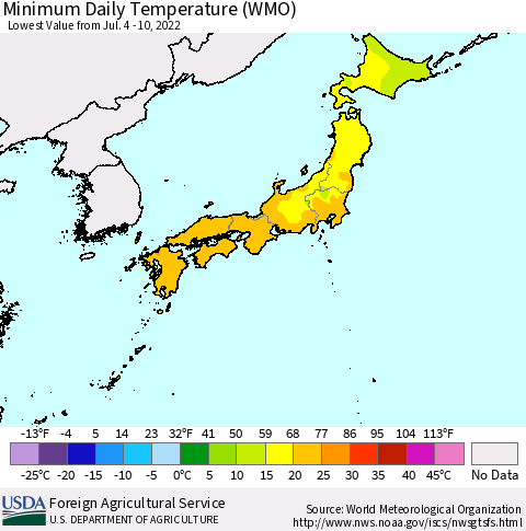 Japan Minimum Daily Temperature (WMO) Thematic Map For 7/4/2022 - 7/10/2022