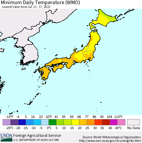 Japan Minimum Daily Temperature (WMO) Thematic Map For 7/11/2022 - 7/17/2022