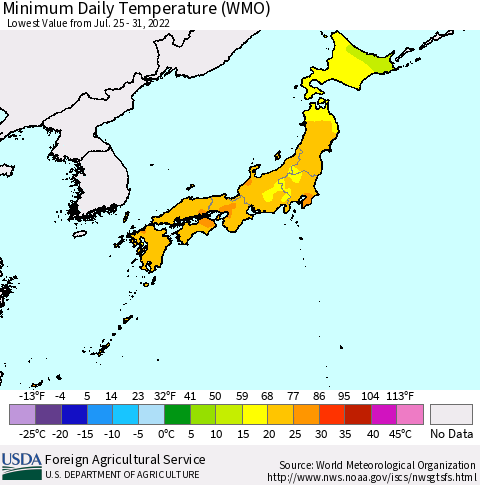 Japan Minimum Daily Temperature (WMO) Thematic Map For 7/25/2022 - 7/31/2022