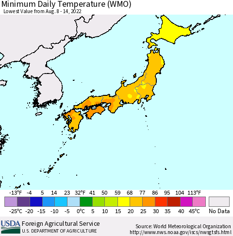 Japan Minimum Daily Temperature (WMO) Thematic Map For 8/8/2022 - 8/14/2022