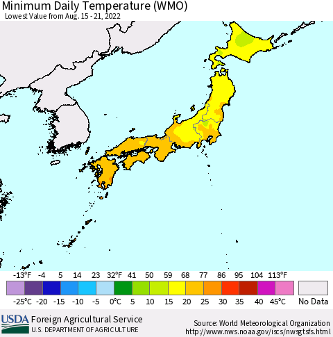 Japan Minimum Daily Temperature (WMO) Thematic Map For 8/15/2022 - 8/21/2022