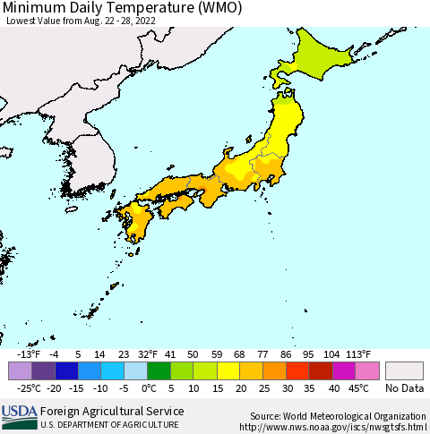 Japan Minimum Daily Temperature (WMO) Thematic Map For 8/22/2022 - 8/28/2022