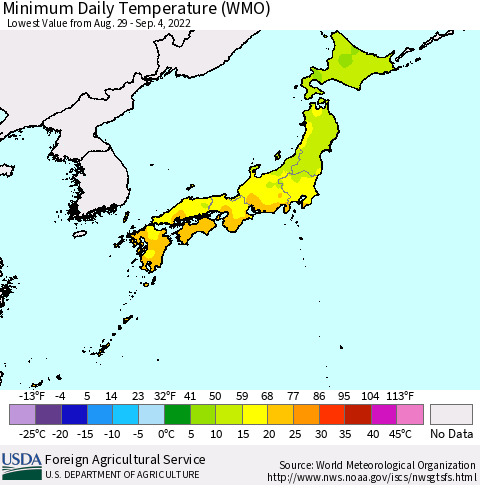 Japan Minimum Daily Temperature (WMO) Thematic Map For 8/29/2022 - 9/4/2022