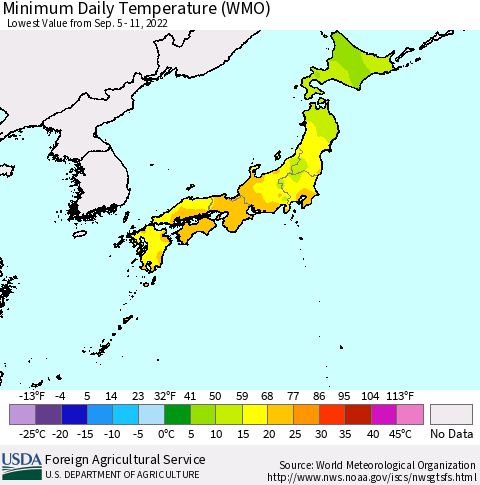 Japan Minimum Daily Temperature (WMO) Thematic Map For 9/5/2022 - 9/11/2022